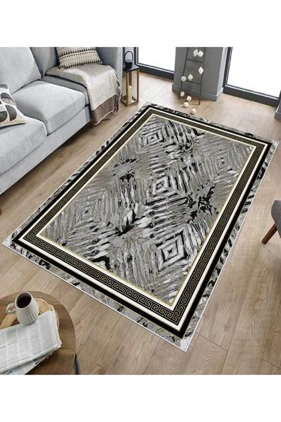 Makinede Yıkanabilir Leke Tutmaz  Siyah Pvc Deri Kaymaz Taban Versace Salon Saçaksız Halı B1210  SİYAH 80 x 300 - 5