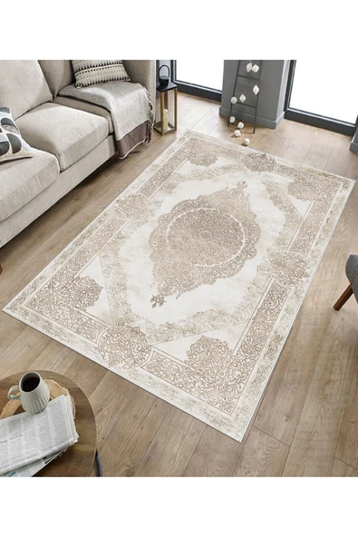 Makinede Yıkanabilir Leke Tutmaz  Krem-Vizon Pvc Deri Kaymaz Taban Salon Göbekli Saçaksız Halı E4174  KREM-VİZON 180 x 280 - 5