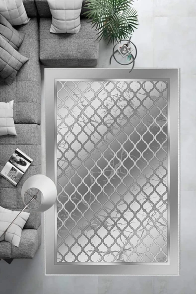 Makinede Yıkanabilir Leke Tutmaz  Gri Pvc Deri Kaymaz Taban Modern Salon Saçaksız Halı B1285  GRİ 200 x 300 - 3