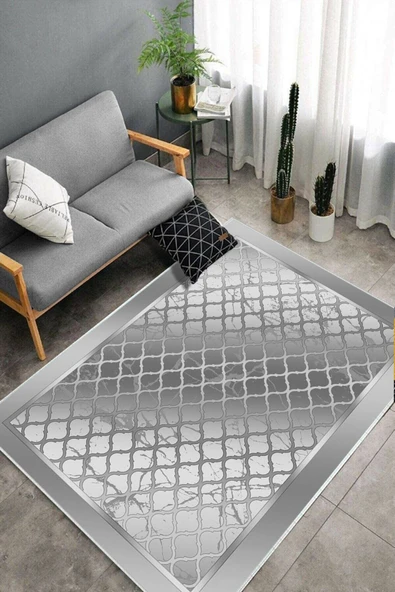 Makinede Yıkanabilir Leke Tutmaz  Gri Pvc Deri Kaymaz Taban Modern Salon Saçaksız Halı B1285  GRİ 200 x 300 - 4