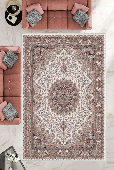 Makinede Yıkanabilir Leke Tutmaz  Krem-Kırmızı Pvc Deri Kaymaz Taban Göbekli Salon Saçaksız Halı E4168  KREM-KIRMIZI 100 x 300