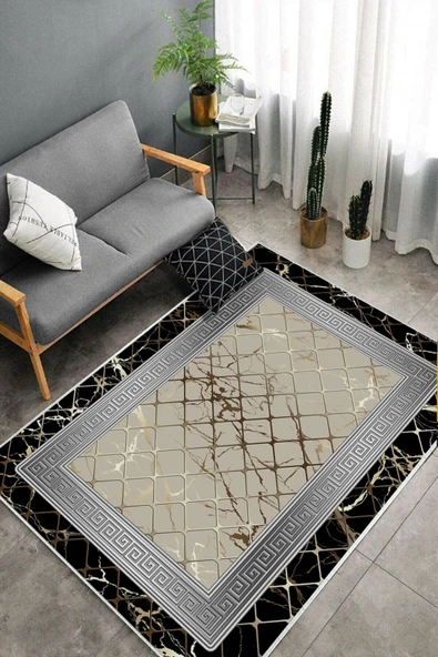 Makinede Yıkanabilir Leke Tutmaz  Siyah-Gri Pvc Deri Kaymaz Taban Versace Salon Saçaksız Halı B1278-1  GOLD-VİZON 180 x 280 - 4