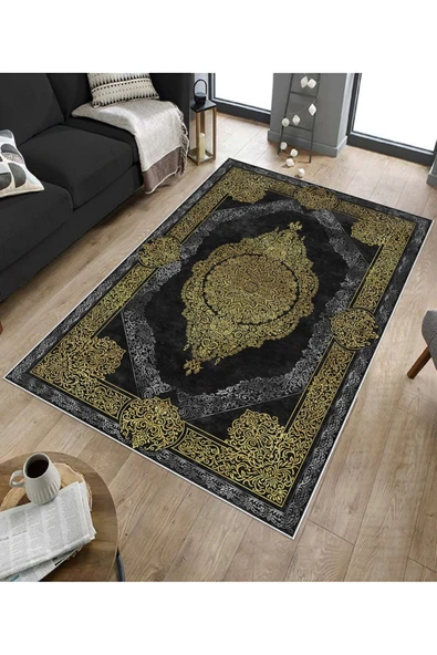 Makinede Yıkanabilir Leke Tutmaz  Gold-Siyah Pvc Deri Kaymaz Taban Göbekli Salon Saçaksız Halı E4176  GOLD-SİYAH 100 x 200 - 5