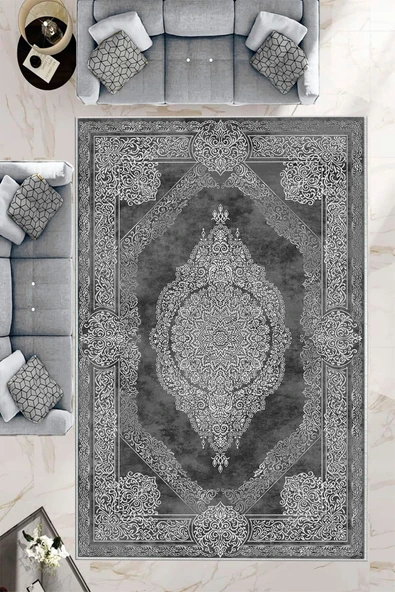 Makinede Yıkanabilir Leke Tutmaz  Gri-Antrasit Pvc Deri Kaymaz Taban Göbekli Salon Saçaksız Halı E4175  GRİ-ANTRASİT 200 x 300