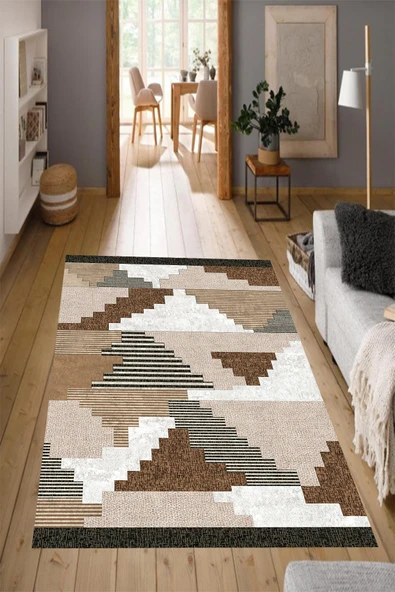 Makinede Yıkanabilir Leke Tutmaz  Kahverengi Pvc Deri Kaymaz Taban Modern Salon Saçaksız Halı 151-00  ÇOKLU 100 x 200