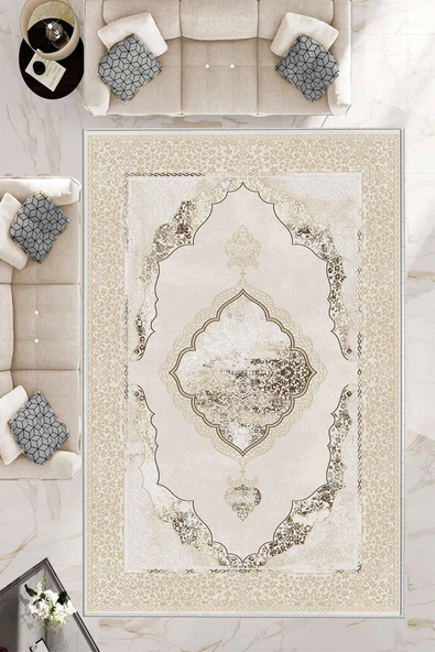 Makinede Yıkanabilir Leke Tutmaz  Krem Pvc Deri Kaymaz Taban Göbekli Salon Saçaksız Halı E4142  KREM 200 x 300 - 1