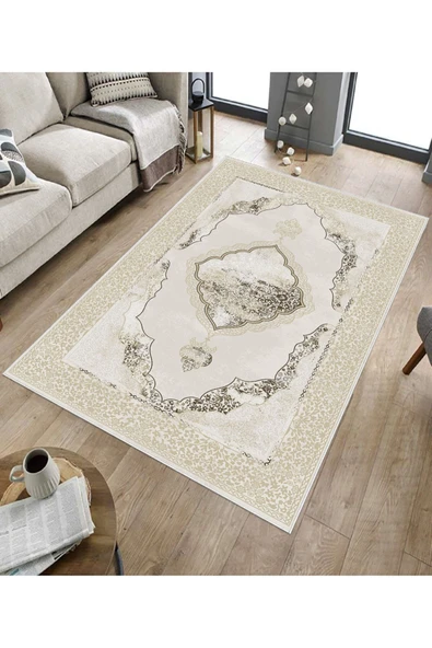 Makinede Yıkanabilir Leke Tutmaz  Krem Pvc Deri Kaymaz Taban Göbekli Salon Saçaksız Halı E4142  KREM 200 x 300 - 5