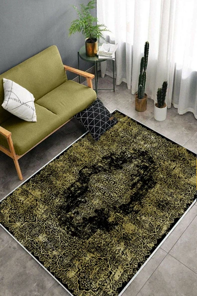 Makinede Yıkanabilir Leke Tutmaz  Gold Pvc Deri Kaymaz Taban Vintage Göbekli Salon Saçaksız Halı E4173  GOLD 80 x 200 - 4