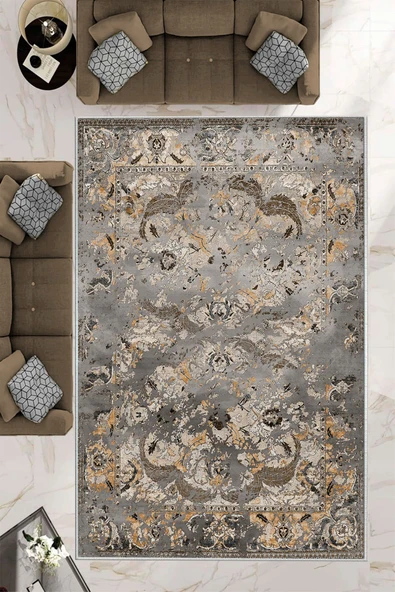 Makinede Yıkanabilir Leke Tutmaz  Gri-Kahverengi Pvc Deri Kaymaz Taban Göbekli Salon Saçaksız Halı E4149  GRİ-KAHVERENGİ 100 x 200