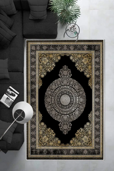 Makinede Yıkanabilir Leke Tutmaz  Siyah Pvc Deri Kaymaz Taban Göbekli Salon Saçaksız Halı E4158  SİYAH 160 x 230 - 6
