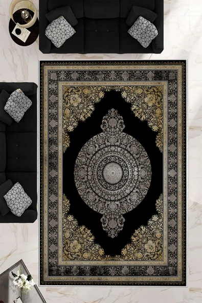 Makinede Yıkanabilir Leke Tutmaz  Siyah Pvc Deri Kaymaz Taban Göbekli Salon Saçaksız Halı E4158  SİYAH 80 x 150