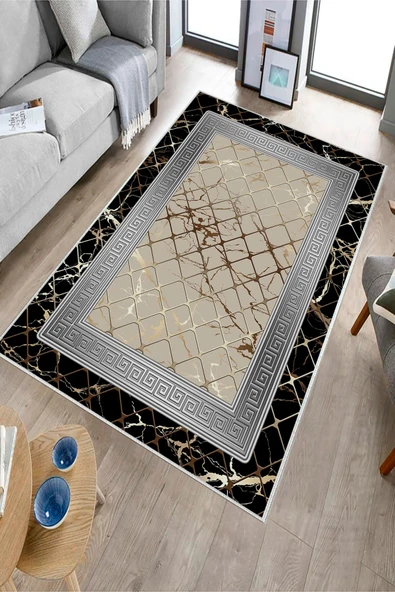 Makinede Yıkanabilir Leke Tutmaz  Siyah-Gri Pvc Deri Kaymaz Taban Versace Salon Saçaksız Halı B1278-1  GOLD-VİZON 80 x 200 - 6