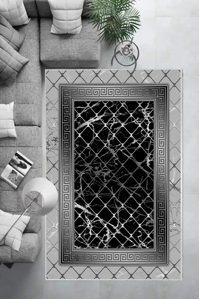 Makinede Yıkanabilir Leke Tutmaz  Gri-Siyah Pvc Deri Kaymaz Taban Versace Salon Saçaksız Halı B1293  GRİ-SİYAH 80 x 200 - 3
