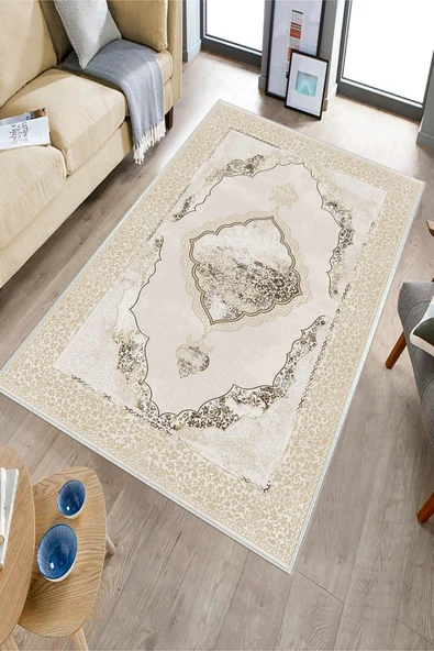 Makinede Yıkanabilir Leke Tutmaz  Krem Pvc Deri Kaymaz Taban Göbekli Salon Saçaksız Halı E4142  KREM 200 x 300 - 6