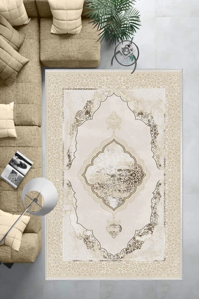 Makinede Yıkanabilir Leke Tutmaz  Krem Pvc Deri Kaymaz Taban Göbekli Salon Saçaksız Halı E4142  KREM 200 x 300 - 3