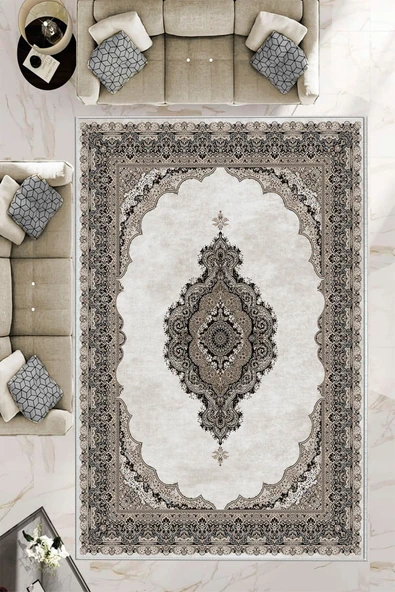 Makinede Yıkanabilir Leke Tutmaz  Kahverengi Pvc Deri Kaymaz Taban Göbekli Salon Saçaksız Halı E4150  KAHVERENGİ 180 x 280