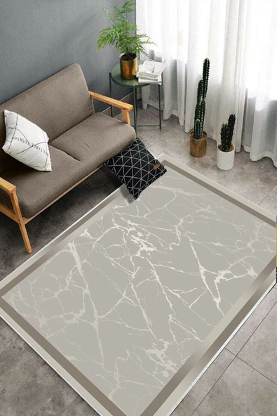 Makinede Yıkanabilir Leke Tutmaz  Bej-Vizon Pvc Deri Kaymaz Taban Modern Salon Saçaksız Halı B1287  BEJ-VİZON 80 x 150 - 4