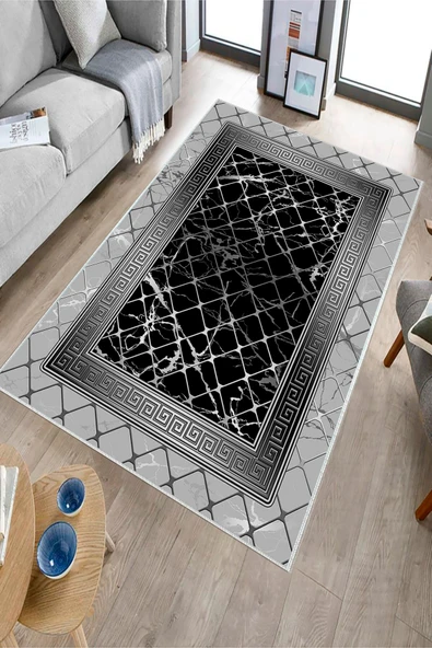 Makinede Yıkanabilir Leke Tutmaz  Gri-Siyah Pvc Deri Kaymaz Taban Versace Salon Saçaksız Halı B1293  GRİ-SİYAH 80 x 200 - 6
