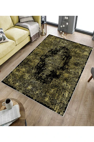 Makinede Yıkanabilir Leke Tutmaz  Gold Pvc Deri Kaymaz Taban Vintage Göbekli Salon Saçaksız Halı E4173  GOLD 80 x 300 - 5