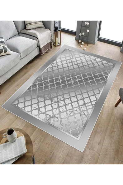 Makinede Yıkanabilir Leke Tutmaz  Gri Pvc Deri Kaymaz Taban Modern Salon Saçaksız Halı B1285  GRİ 200 x 300 - 5