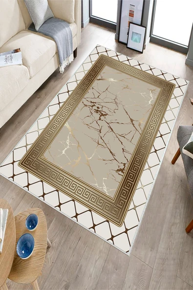 Makinede Yıkanabilir Leke Tutmaz  Krem-Vizon Pvc Deri Kaymaz Taban Versace Salon Saçaksız Halı B1281  KREM-VİZON 80 x 300 - 3