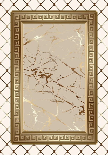 Makinede Yıkanabilir Leke Tutmaz  Krem-Vizon Pvc Deri Kaymaz Taban Versace Salon Saçaksız Halı B1281  KREM-VİZON 80 x 300 - 2