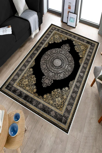 Makinede Yıkanabilir Leke Tutmaz  Siyah Pvc Deri Kaymaz Taban Göbekli Salon Saçaksız Halı E4158  SİYAH 160 x 230 - 3