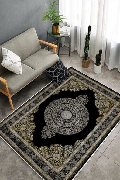 Makinede Yıkanabilir Leke Tutmaz  Siyah Pvc Deri Kaymaz Taban Göbekli Salon Saçaksız Halı E4158  SİYAH 160 x 230 - 4