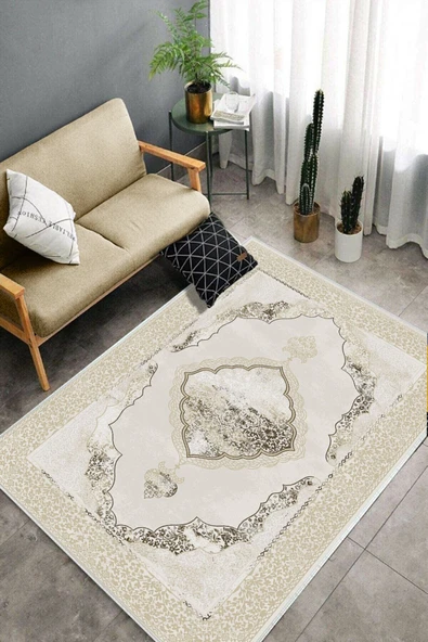 Makinede Yıkanabilir Leke Tutmaz  Krem Pvc Deri Kaymaz Taban Göbekli Salon Saçaksız Halı E4142  KREM 200 x 300 - 4