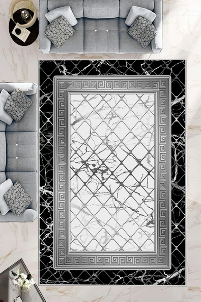 Makinede Yıkanabilir Leke Tutmaz  Siyah-Beyaz Pvc Deri Kaymaz Taban Versace Salon Saçaksız Halı B1294  SİYAH-BEYAZ 80 x 200