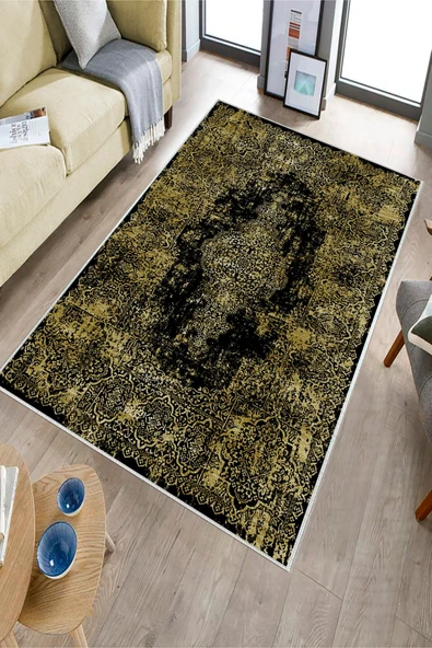 Makinede Yıkanabilir Leke Tutmaz  Gold Pvc Deri Kaymaz Taban Vintage Göbekli Salon Saçaksız Halı E4173  GOLD 180 x 280 - 3