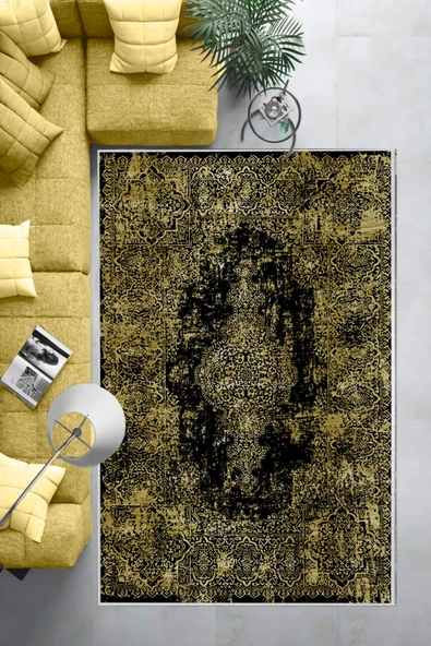 Makinede Yıkanabilir Leke Tutmaz  Gold Pvc Deri Kaymaz Taban Vintage Göbekli Salon Saçaksız Halı E4173  GOLD 80 x 200 - 6