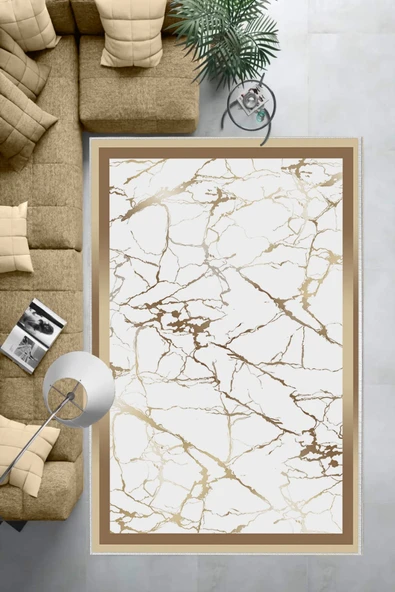 Makinede Yıkanabilir Leke Tutmaz  Gold-Beyaz Pvc Deri Kaymaz Taban Çerçeve Salon Saçaksız Halı B1286-1  GOLD-BEYAZ 80 x 150 - 6