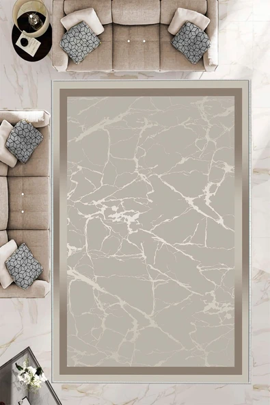 Makinede Yıkanabilir Leke Tutmaz  Bej-Vizon Pvc Deri Kaymaz Taban Modern Salon Saçaksız Halı B1287  BEJ-VİZON 180 x 280
