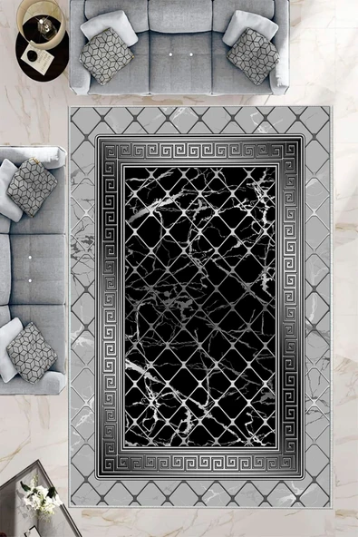 Makinede Yıkanabilir Leke Tutmaz  Gri-Siyah Pvc Deri Kaymaz Taban Versace Salon Saçaksız Halı B1293  GRİ-SİYAH 80 x 300