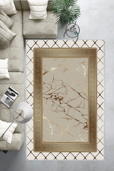 Makinede Yıkanabilir Leke Tutmaz  Krem-Vizon Pvc Deri Kaymaz Taban Versace Salon Saçaksız Halı B1281  KREM-VİZON 80 x 300 - 6