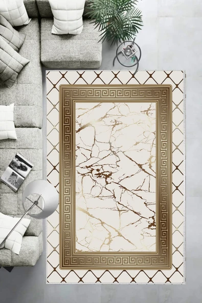 Makinede Yıkanabilir Leke Tutmaz  Krem-Gold Dot Keçe Kaymaz Taban Versace Salon Saçaksız Halı B1282  KREM-GOLD 100 x 200 - 3