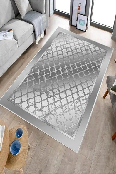 Makinede Yıkanabilir Leke Tutmaz  Gri Pvc Deri Kaymaz Taban Modern Salon Saçaksız Halı B1285  GRİ 200 x 300 - 6
