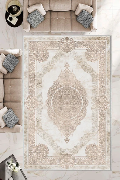 Makinede Yıkanabilir Leke Tutmaz  Krem-Vizon Pvc Deri Kaymaz Taban Salon Göbekli Saçaksız Halı E4174  KREM-VİZON 80 x 300
