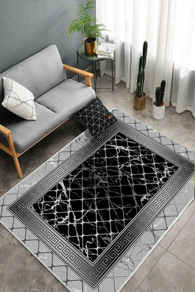 Makinede Yıkanabilir Leke Tutmaz  Gri-Siyah Pvc Deri Kaymaz Taban Versace Salon Saçaksız Halı B1293  GRİ-SİYAH 80 x 200 - 4