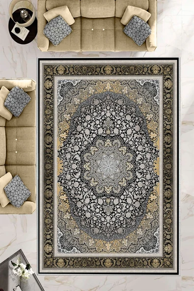Makinede Yıkanabilir Leke Tutmaz  Siyah Pvc Deri Kaymaz Taban Göbekli Salon Saçaksız Halı E4155  SİYAH 160 x 230