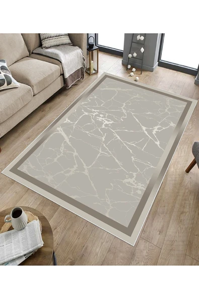 Makinede Yıkanabilir Leke Tutmaz  Bej-Vizon Pvc Deri Kaymaz Taban Modern Salon Saçaksız Halı B1287  BEJ-VİZON 80 x 150 - 5