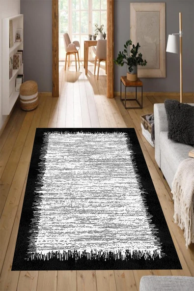 Makinede Yıkanabilir Leke Tutmaz  Siyah Pvc Deri Kaymaz Taban Tasarım Salon Saçaksız Halı 353-03  ÇOKLU 100 x 300