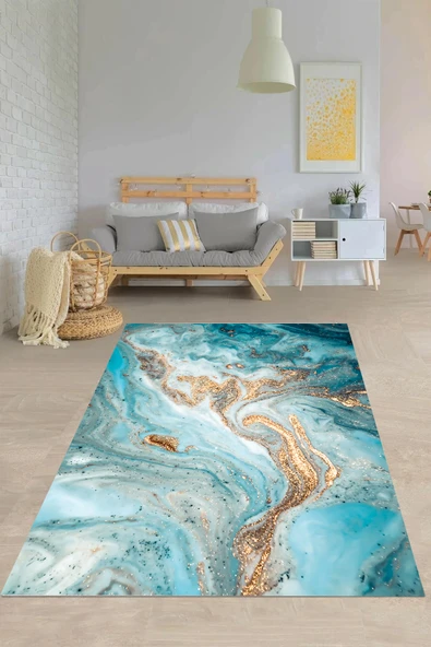 Makinede Yıkanabilir Leke Tutmaz  Mavi Pvc Deri Kaymaz Taban Modern Salon Tasarım Halı 249-00  ÇOKLU 180 x 280