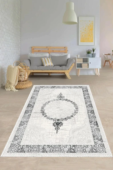 Makinede Yıkanabilir Leke Tutmaz  Krem-Gri Pvc Deri Kaymaz Taban Göbekli Salon Saçaksız Halı 352-01  ÇOKLU 180 x 280 - 1