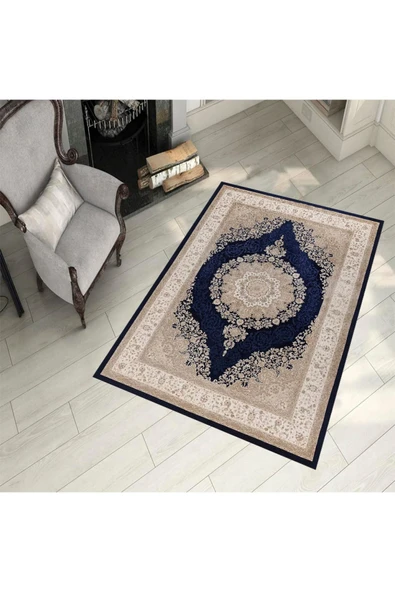 Makinede Yıkanabilir Leke Tutmaz  Vizon-Lacivert Pvc Deri Kaymaz Taban Göbekli Salon Saçaksız Halı 328-00  ÇOKLU 80 x 200 - 4