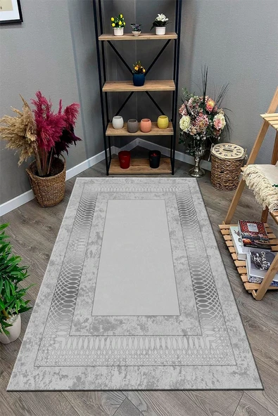 Makinede Yıkanabilir Leke Tutmaz  Gümüş Pvc Deri Kaymaz Taban Çerçeve Salon Saçaksız Halı B1320-03  GÜMÜŞ 80 x 200 - 3