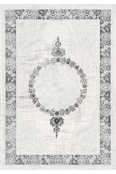 Makinede Yıkanabilir Leke Tutmaz  Krem-Gri Pvc Deri Kaymaz Taban Göbekli Salon Saçaksız Halı 352-01  ÇOKLU 180 x 280 - 2