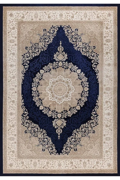 Makinede Yıkanabilir Leke Tutmaz  Vizon-Lacivert Pvc Deri Kaymaz Taban Göbekli Salon Saçaksız Halı 328-00  ÇOKLU 150 x 250 - 2
