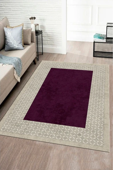 Makinede Yıkanabilir Leke Tutmaz  Bej-Mürdüm Pvc Deri Kaymaz Taban Modern Salon Saçaksız Halı B1326-2  BEJ-BORDO 180 x 280 - 7